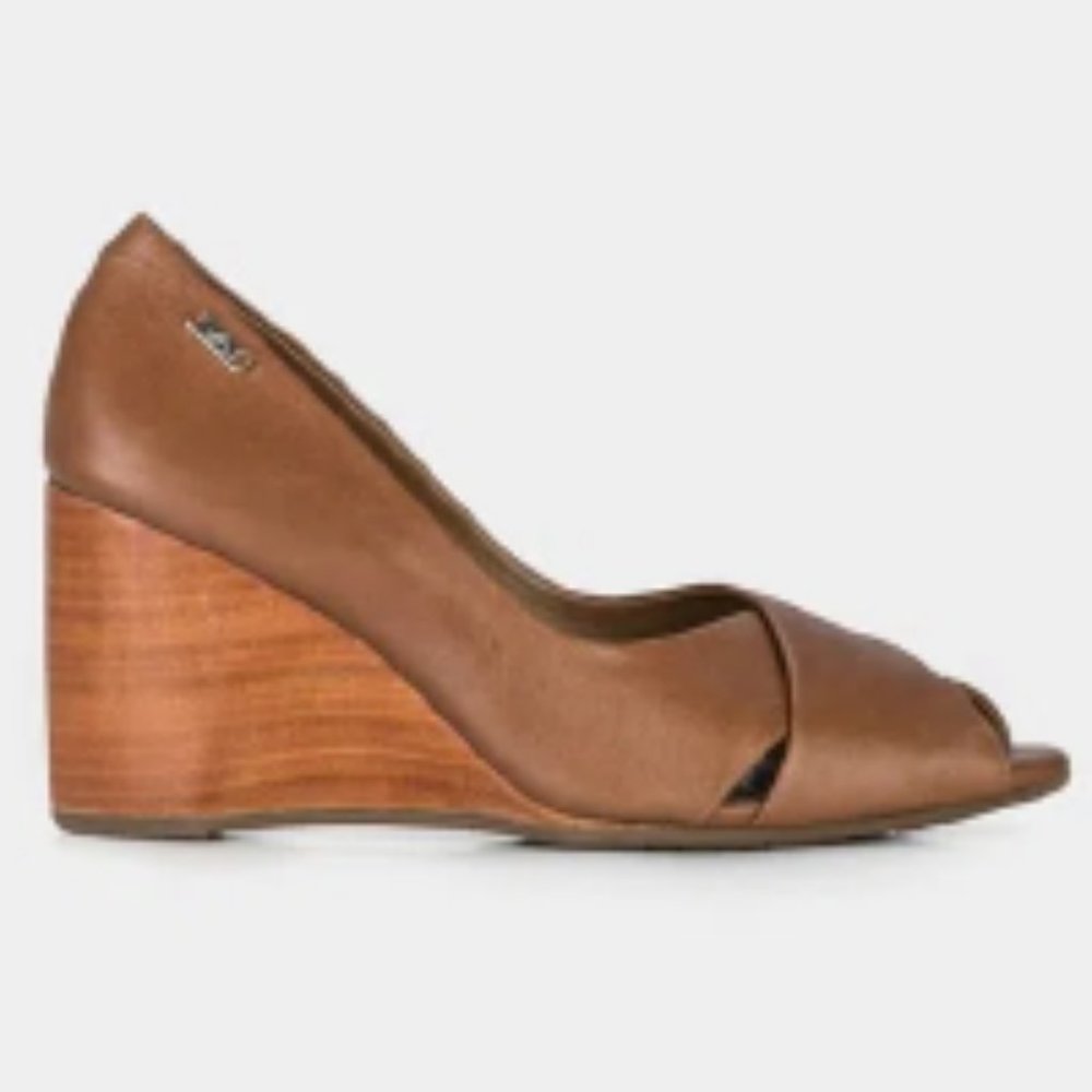Leather Wedge Pee Toe Shoes - 37 Cognac